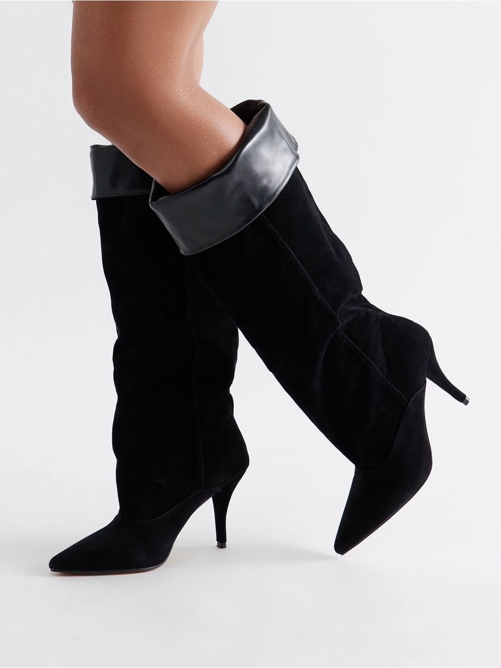 Black Suede Fold-Top Stiletto Knee Boots
